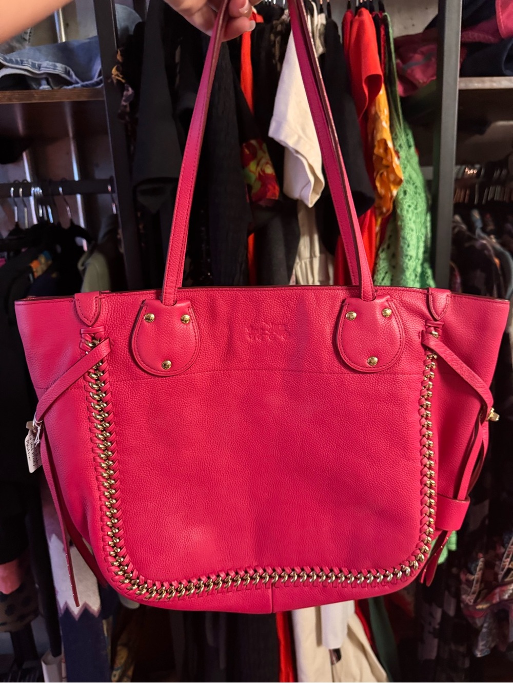 Coach Y2K Hot Pink Leather Tote Bag with Gold Chain Trim